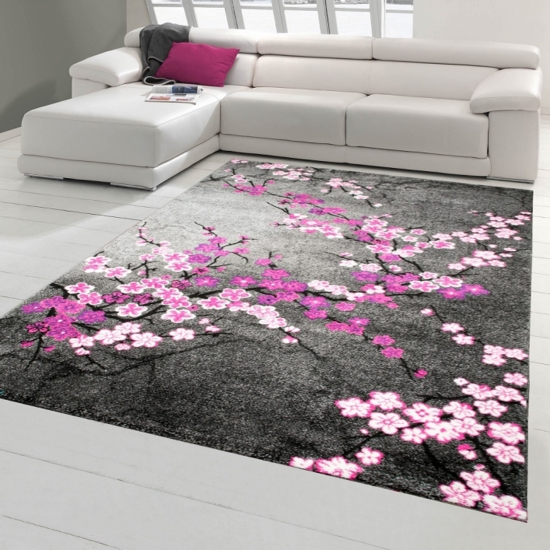 Designer Teppich Moderner Teppich Wohnzimmer Teppich Blumenmuster Grau Lila Pink Weiss Rosa