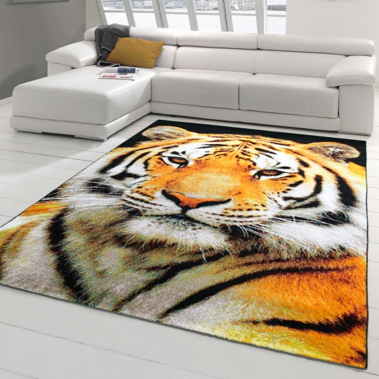 Moderner Teppich Tiger Motiv Orange Creme Schwarz für Wohnräume