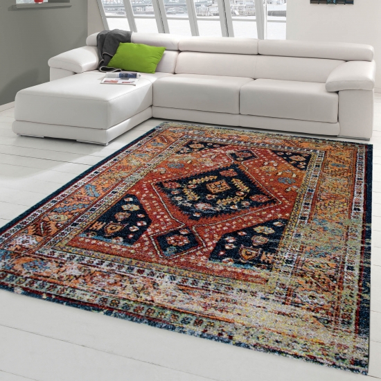 Moderner Orientteppich designed für Wohnzimmer in klassischem bunten orange türkis schwarz rot