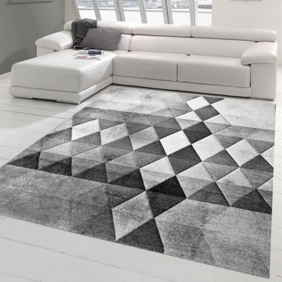 Designer Teppich Moderner Teppich Wohnzimmer Teppich Kurzflor Teppich mit Konturenschnitt Karo Muster Grau Weiß Schwarz