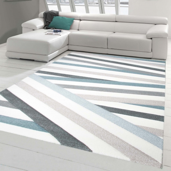 Designer Teppich Moderner Teppich Wohnzimmer Teppich Kurzflor Teppich mit Konturenschnitt Gestreift Pastellfarben Blau Creme Beige