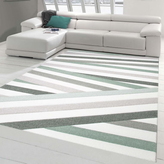 Designer Teppich Moderner Teppich Wohnzimmer Teppich Kurzflor Teppich mit Konturenschnitt Gestreift Pastellfarben Grün Creme Beige