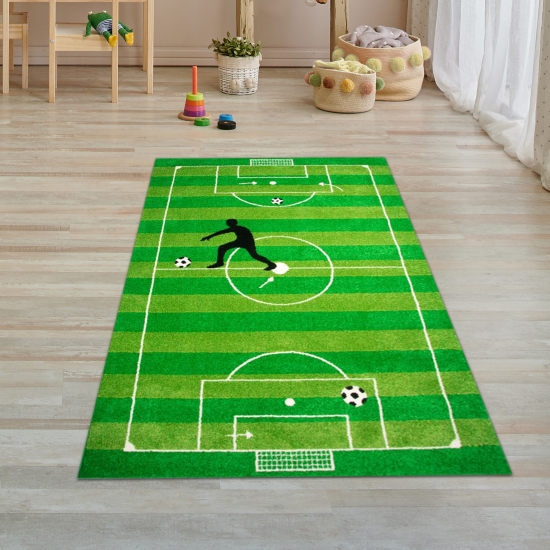 Kinderteppich Spielteppich Kinderzimmer Teppich Fußball Teppich in Grün Hellgrün Schwarz Weiss