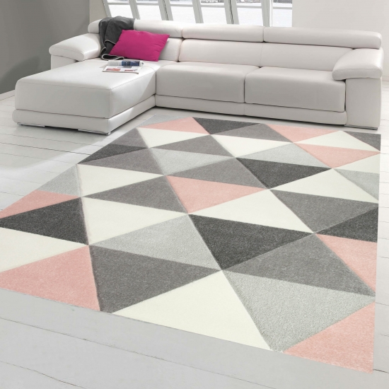Teppich modern Designerteppich mit Dreieck Muster in Rosa Grau Creme