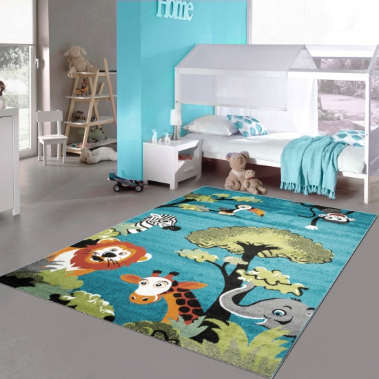 Waldtier-Teppich in Blau für das Kinderzimmer