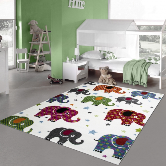 Kinder-Teppich mit bunten Elefanten | pflegeleicht | in creme