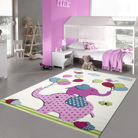 Kinderzimmer-Teppich mit süßen Elefanten | in creme, rosa