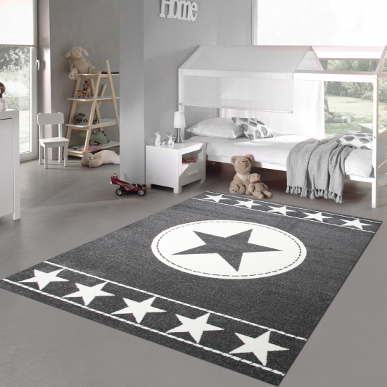 Kinderteppich Spielteppich Kinderzimmer Teppich Sternteppich Sterne Grau Creme
