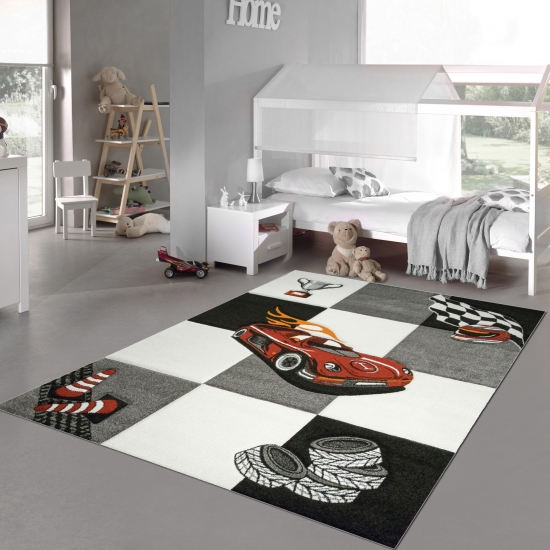 Kinderteppich Spielteppich Kinderzimmer Teppich Auto Design Rennauto mit Konturenschnitt Creme Grau Rot Orange Schwarz