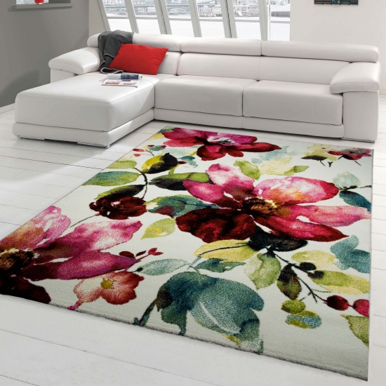 Designer Teppich Moderner Teppich Wohnzimmer Teppich Blumenmotiv Creme Grün Türkis Rosa Pink