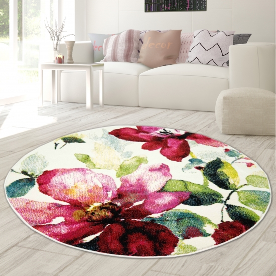 Designerteppich Rund Blumenmotiv Creme Grün Türkis Rosa