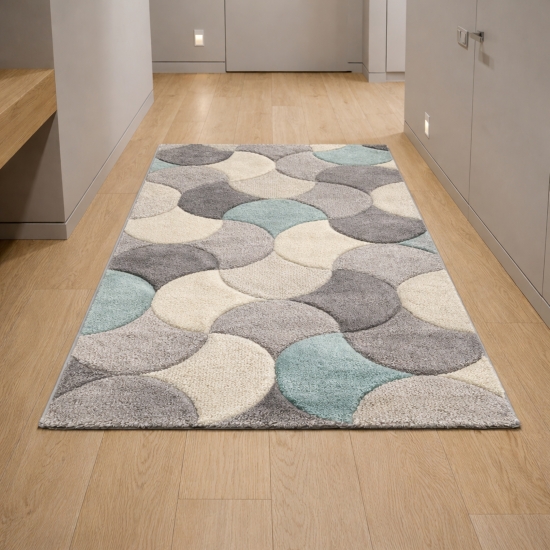 Moderner Teppichläufer in Grau Türkis mit Konturenschnitt für Flur