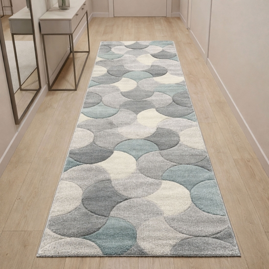 Preview: Moderner Teppichläufer in Grau Türkis mit Konturenschnitt für Flur