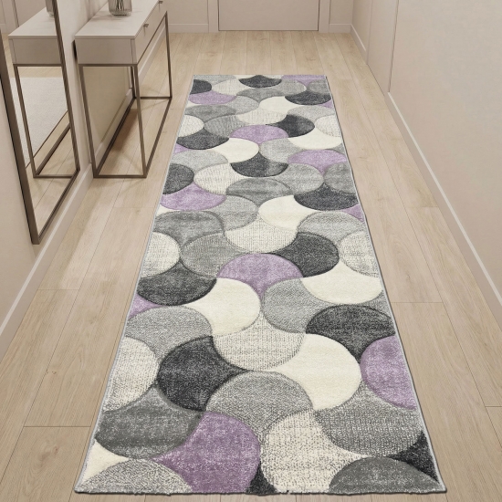 Moderner Teppichläufer grau creme lila mit Konturenschnitt für Flur