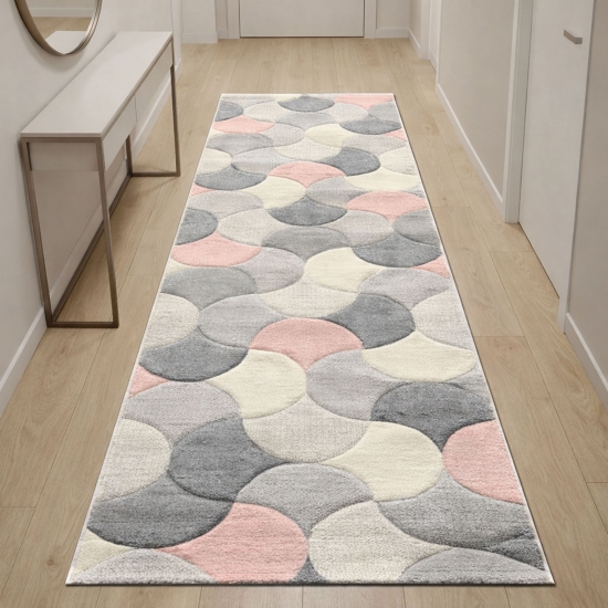 Moderner Teppichläufer grau creme rosa mit Konturenschnitt für Flur
