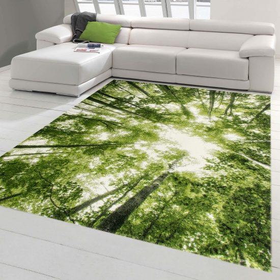 Designer und Moderner Teppich Kurzflor Wohnzimmer Teppich Wald in Grün Weiss