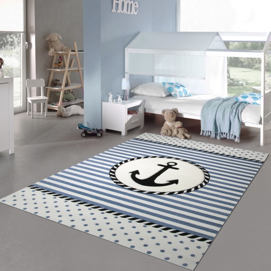 Kinderteppich Maritim Kinderzimmerteppich Jungen Teppich mit Anker in Blau Creme