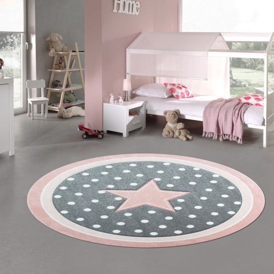 Kinderteppich Spielteppich Babyteppich rund mit Stern in Rosa Grau Weiss
