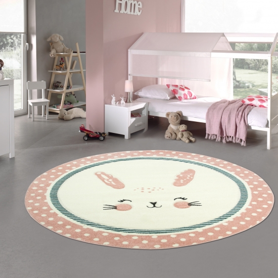 Kinderteppich Kinderzimmerteppich Babyteppich rund Hase in Rosa Weiss Türkis