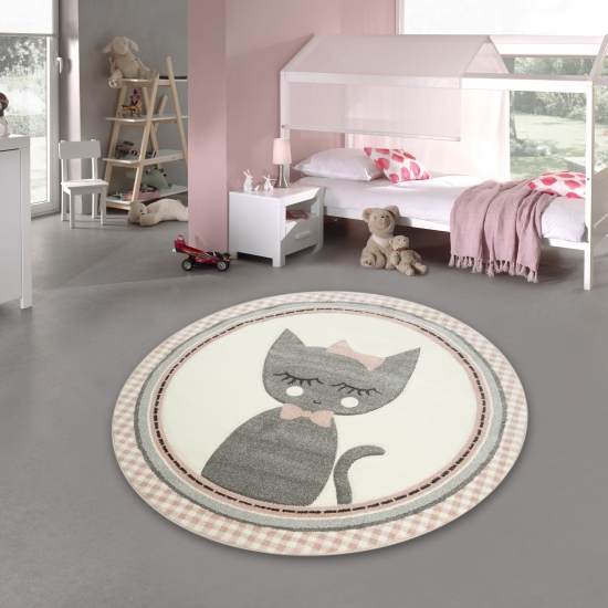 Kinderteppich Kinderzimmerteppich Babyteppich rund Katze in Rosa Grau Creme