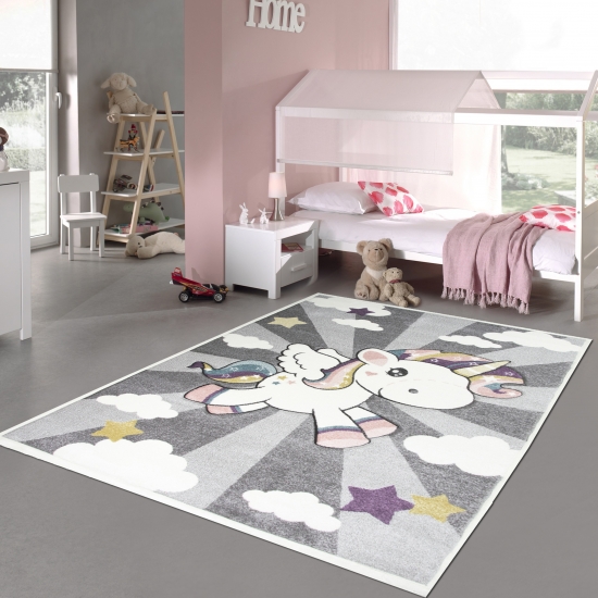 Merinos Kinderteppich Spielteppich Babyteppich mit Einhorn Regenbogen in Beige Creme Größe 120x170 cm 