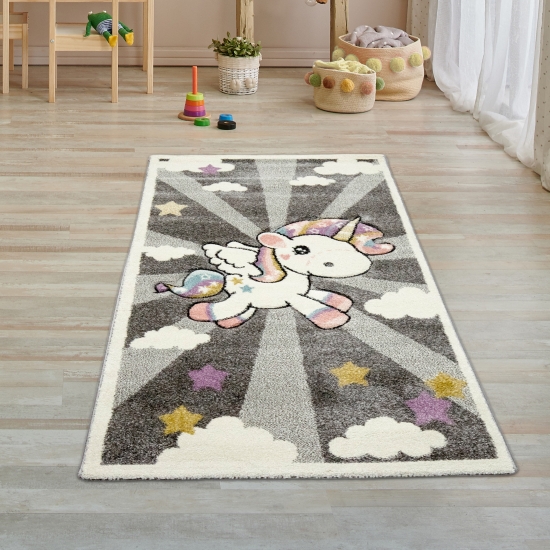 Kinderteppich Spielteppich Babyteppich mit Einhorn Regenbogen in Grau Creme