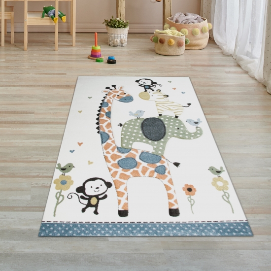 Kinderteppich Spielteppich Babyteppich mit Tiere Elefant Giraffe in Beige Creme
