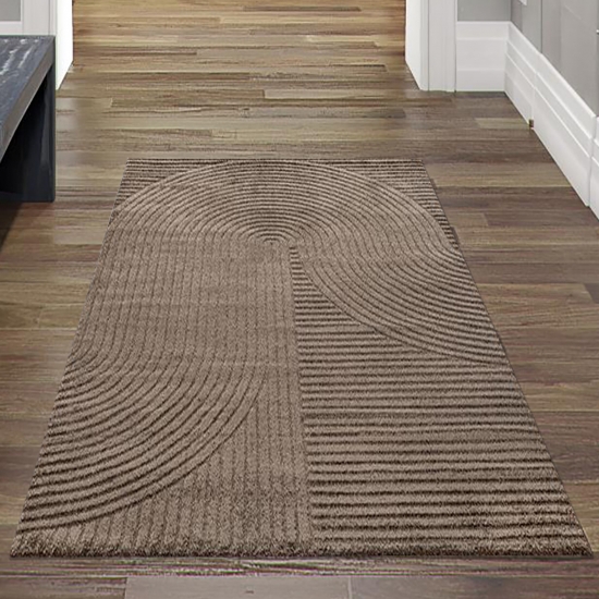 Preview: Moderner Teppich mit Bogenmuster Pflegeleicht und Stilvoll in Braun