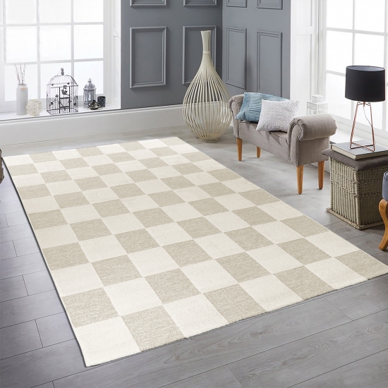 Teppich Pflegeleicht und Strapazierfähig mit Karomuster in Creme Beige