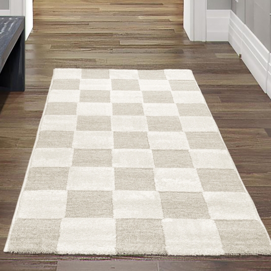 Preview: Teppich Pflegeleicht und Strapazierfähig mit Karomuster in Creme Beige