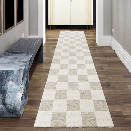 Preview: Teppich Pflegeleicht und Strapazierfähig mit Karomuster in Creme Beige