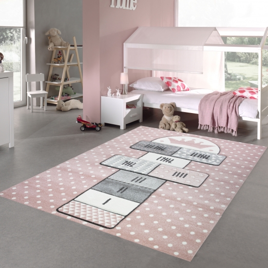 Kinderteppich Hüpfspiel Teppich Hüpfkästchen in Rosa Grau Creme