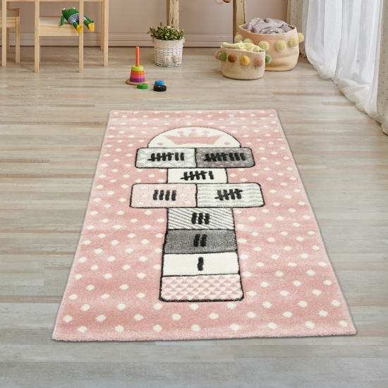 Kinderteppich Hüpfspiel Teppich Hüpfkästchen in Rosa Grau Creme