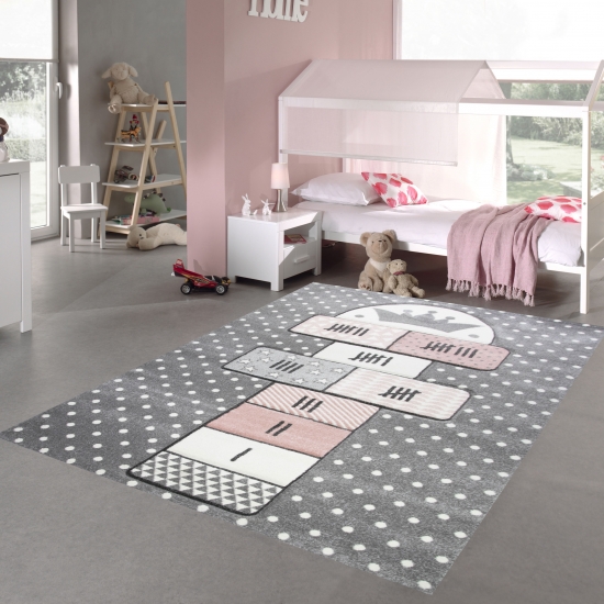 Kinderteppich Hüpfspiel Teppich Hüpfkästchen in Grau Rosa Creme