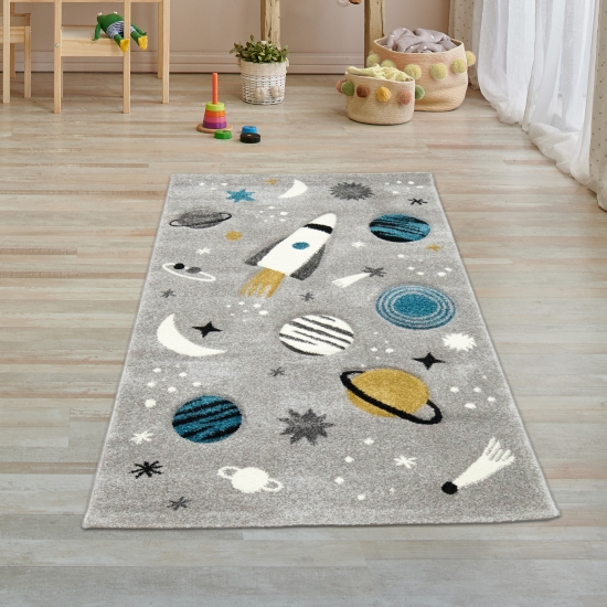 Kinderteppich Weltraum Lernteppich mit Raumschiff Sternen und Planeten in Grau