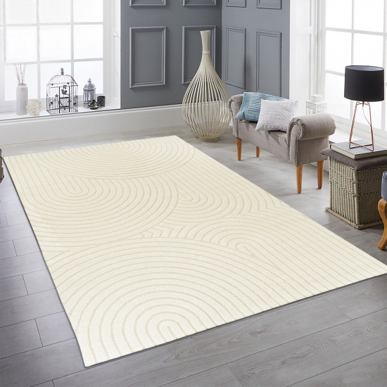 Moderner Wohnzimmerteppich mit gebogenem Muster in creme