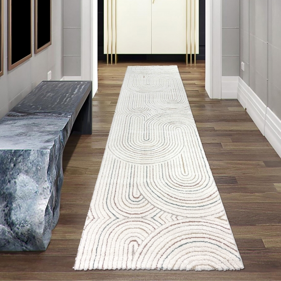 Preview: Moderner Teppich mit Bogenmuster in Beige mit bunten Streifen Preview: Moderner Teppich mit Bogenmuster in Beige mit bunten Streifen