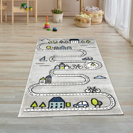 Kinderteppich Straßenteppich Lernteppich Junge mit Straßen und Häusern in Grau