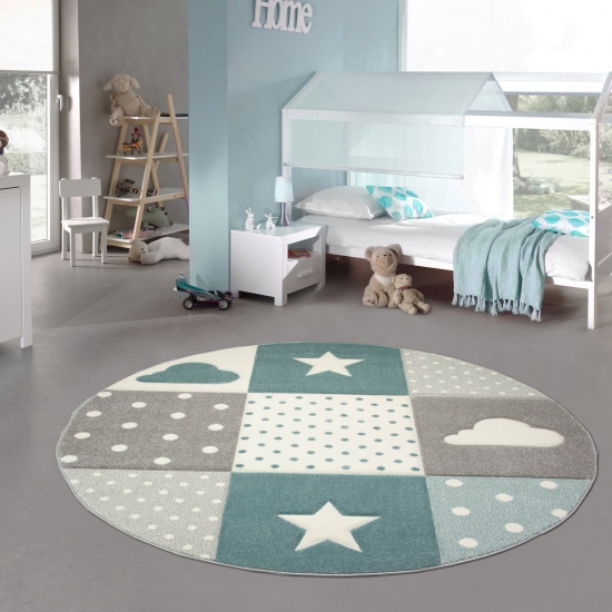 Kinderteppich Junge Teppich Kinderzimmer mit Stern Wolke in Blau Grau Creme