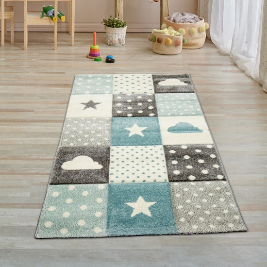 Kinderteppich Junge Teppich Kinderzimmer mit Stern Wolke in Blau Grau Creme