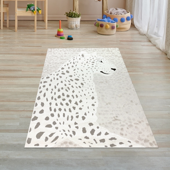 Kinderzimmer Teppich Weich Leopard 3d-effekt Allergiker geeignet in creme grau
