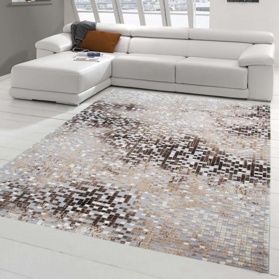 Designer Teppich Moderner Teppich Wohnzimmer Teppich Kurzflor Teppich mit Konturenschnitt mit Muster in Grau Braun Beige Creme