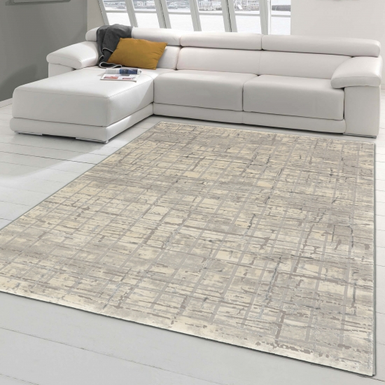 Orientalischer Retro Teppich liniert in dezenten Farbtönen grau