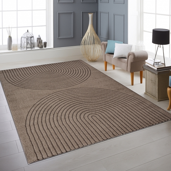 Moderner Teppich Braun mit 3D-Kreismuster für Wohn- und Schlafräume