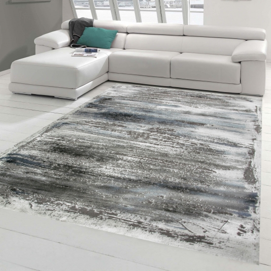 Wohnzimmer Teppich Design mit Glanzfasern in Grau Blau