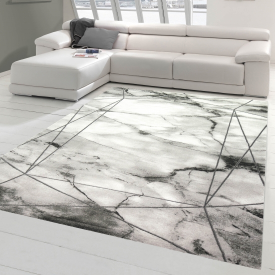 Teppich Wohnzimmer Designerteppich Marmor Optik mit Glanzfasern in grau