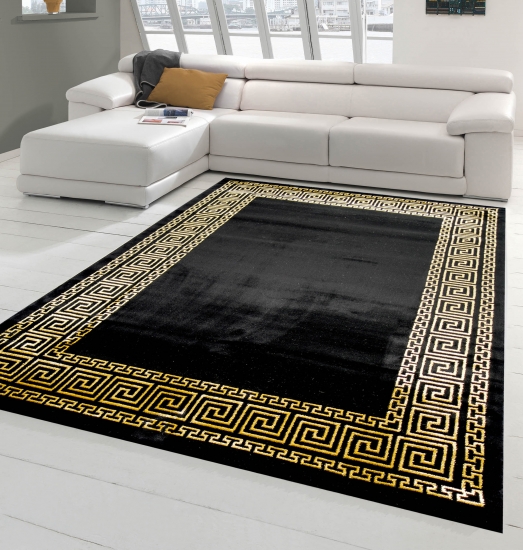 Teppich Wohnzimmer mit klassischer Bordüre in schwarz gold