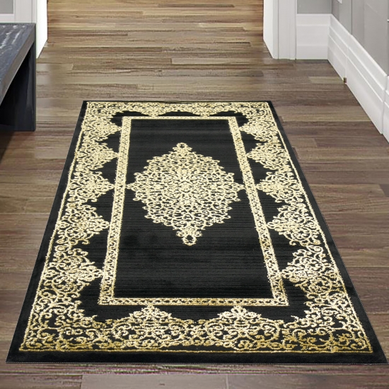 Teppich modern Kurzflor Wohnzimmerteppich Ornamente in schwarz gold