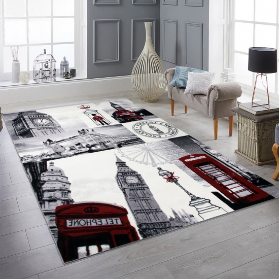 Moderner Teppich London Motiv Creme Grau Rot Schwarz fürs Wohnzimmer