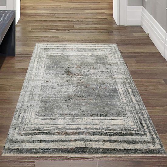 Preview: Wohnzimmer Teppich Vintage abstrakte quadratische Umrandung Designerteppich gestreift Flur Diele in creme grau weiß braun